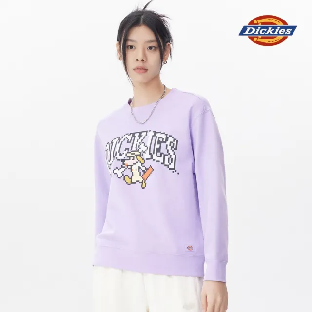 【Dickies】女款薔薇紫純棉胸前像素印花休閒大學T｜DK011613E61