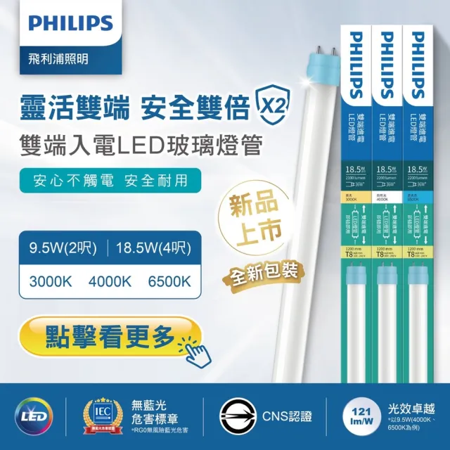 【Philips 飛利浦照明】20入組 T8 LED燈管 4尺 18.5W 2200LM 玻璃燈管(白光/中性光/黃光)