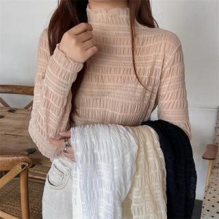 【D.studio】韓版高領蕾絲打底網紗長袖上衣(女裝 衣服 寬鬆上衣 顯瘦上衣 長袖t恤 W405)