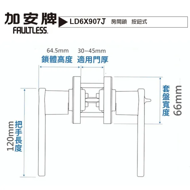LD6X907J 按鈕式 鑰匙通用款水平把手鎖 60mm(按扭式 消光黑 水平房間鎖)