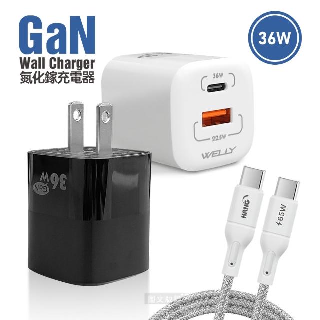 【WELLY】36W氮化鎵GaN PPS雙孔迷你充電器+65W Type-C to Type-C 傳輸充電線1M(1A1C)