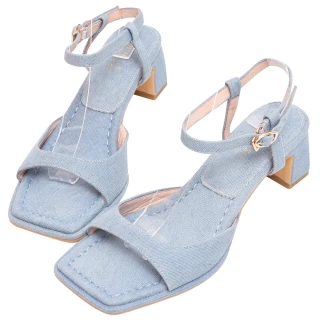 【Ann’S】美化腳版加圍邊-一字帶粗跟方頭涼鞋5cm(淺藍)