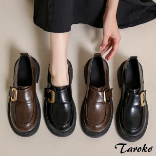 【Taroko】超酷穿搭金屬扣漆亮皮粗跟樂福鞋(2色可選)