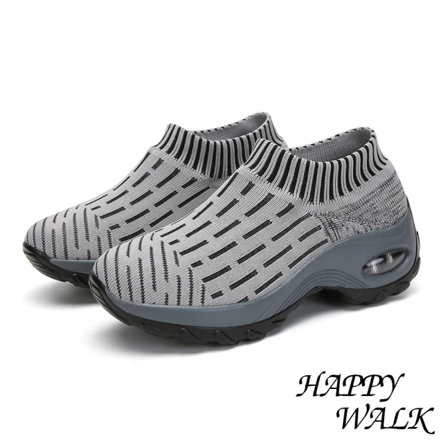 【HAPPY WALK】舒適撞色線條飛織襪套氣墊休閒鞋(灰)