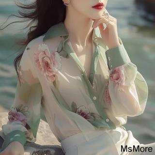 【MsMore】淺綠色碎花防曬襯衫絕美法式超仙長袖原創短版上衣#121525(綠)