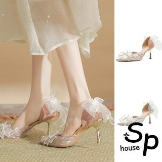 【Sp house】法式絲光蝴蝶結緞帶中空細高跟鞋(2色跟高可選)