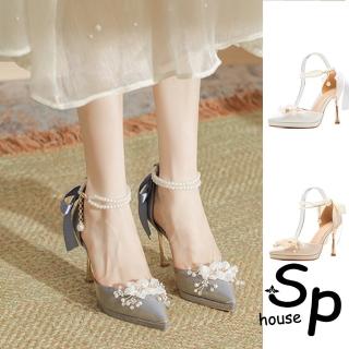 【Sp house】白花雛菊珍珠鍊尖頭中空細高跟鞋(4色跟高可選)