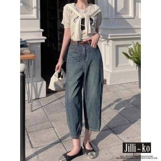 【JILLI-KO】薄款復古高腰寬鬆牛仔闊腿香蕉褲-M/L/XL(藍)