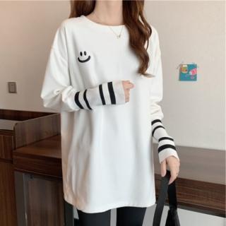 【ONEY 歐妮】★刺繡笑臉螺紋袖口中長款上衣(長袖/顯瘦/休閒/女裝)