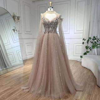 【女神婚紗禮服】精緻縷空愛心圓領長袖披肩亮麗串珠長禮服LA72384裸米色(宴會頒獎典禮 高階表演晚禮服)