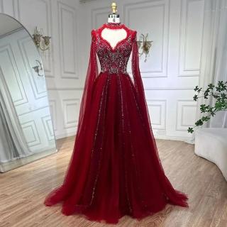 【女神婚紗禮服】精緻縷空愛心圓領長袖披肩亮麗串珠長禮服LA72384鮮紅色(宴會頒獎典禮 高階表演晚禮服)