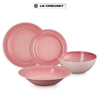 【Le Creuset】瓷器薔薇粉碗盤四件組 無盒(東京款義麵盤25cm+沙拉盤 22cm+圓盤 15cm+榖片碗16cm)