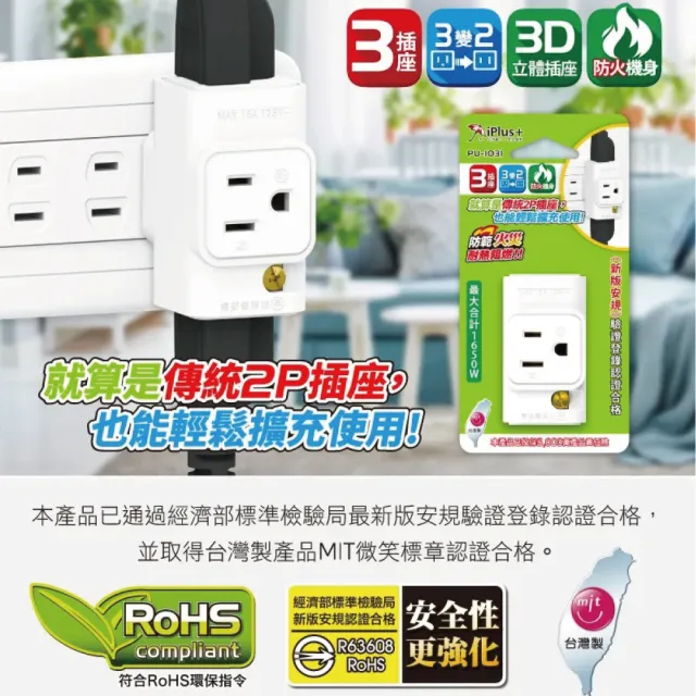 【iPlus+ 保護傘】保護傘3轉2三面小壁插(PU-1031)