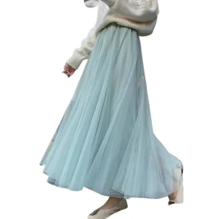 【CHACO】/現+預購/女 半身裙澎澎唯美仙系中長版質感三層網紗長裙#1938(網紗 百褶裙 半身裙)