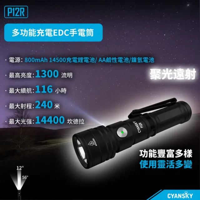 【CYANSKY】錸特光電 P12R 1300流明 240米射程(EDC 多功能 尾部磁吸 TYPE-C充電 14500可充電池/AA)