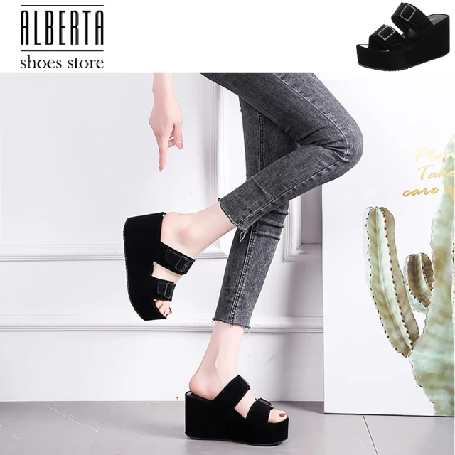 Alberta 跟高9cm 厚底涼拖鞋鬆糕底坡跟黑色絨面楔型
