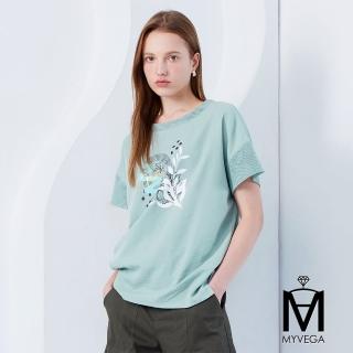 【MYVEGA 麥雪爾】MA棉麻拼接透膚網布袖落肩上衣-灰綠