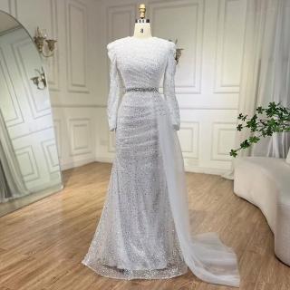 【女神婚紗禮服】極致果凍鎏金亮片立體肩袖側面拖尾圓領長禮服LA72346純白色(宴會頒獎典禮 高階晚禮服)