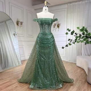 【女神婚紗禮服】輕奢果凍感鎏金亮片多色一字肩魚尾晚宴服LA72204仙草綠(宴會敬酒 高階晚禮服)