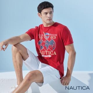 【NAUTICA】男裝 品牌地圖印花短袖T恤(紅色)