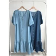 【MsMore】韓國chic復古V領單排扣寬鬆休閒荷葉邊短袖牛仔連身裙洋裝#121348(藍/深藍)