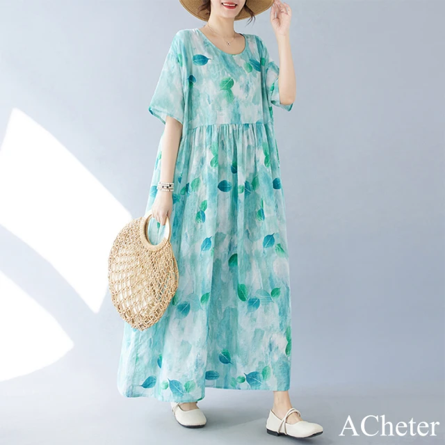 【ACheter】簡約天藍時尚波西米亞長裙短袖圓領印花連身裙洋裝#121356(天空藍)