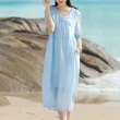 【ACheter】棉麻感連身裙新中式純藍色海邊度假風木耳邊V領長版洋裝#121374(藍)