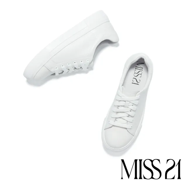 【MISS 21】質感率性純色全真皮綁帶厚底休閒鞋(白)