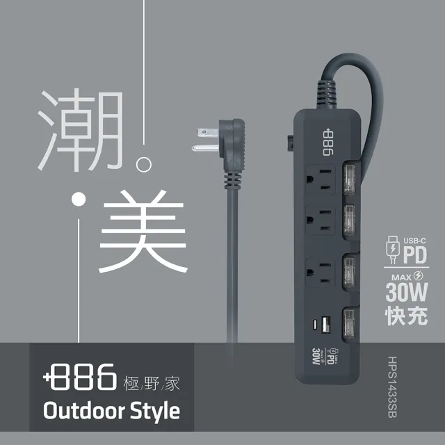 【+886】極野家 4開3插USB+Type C PD 30W 快充延長線 1.8米 3色任選(HPS1433)