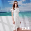 【IGD 英格麗】網路獨賣款-氣質鏤空刺繡荷葉排釦洋裝(白色)