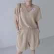 【MsMore】韓國chic甜美V領寬鬆短袖針織衫+抽繩高腰休閒闊腿短褲兩件式套裝#121046(米/黑/粉/卡其)