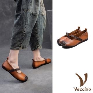 【Vecchio】真皮娃娃鞋 方頭娃娃鞋/全真皮頭層牛皮復古拚色手工縫線寬楦方頭魔鬼粘娃娃鞋(棕)