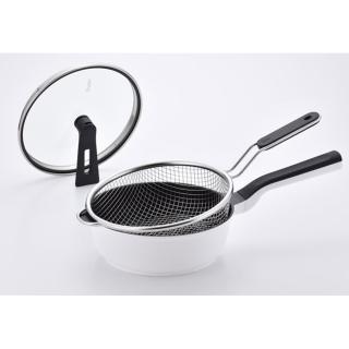 【Remy】日本mini多功能萬用不沾深炒鍋 20cm 含鍋蓋+萬用深型篩網/濾網 超值3件組(炒鍋+鍋蓋+篩網)