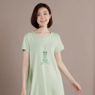 【YVONNE 以旺傢飾】乳木果巴黎鐵塔印花短袖洋裝(若草綠)