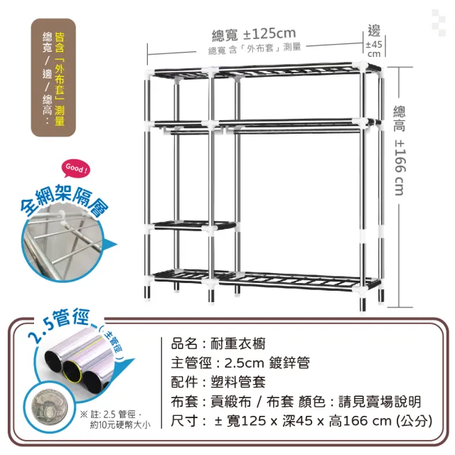 【VENCEDOR】1.25米加粗加大2.5管徑組合耐重衣櫥(衣櫃-布衣櫥-收納衣櫃-1入)