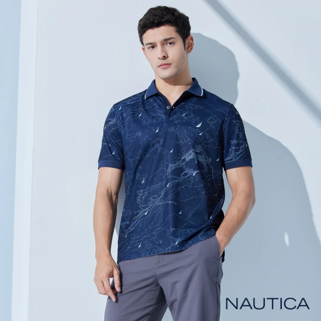 NAUTICA 男裝 滿版品牌LOGO印花短袖POLO衫(深藍)