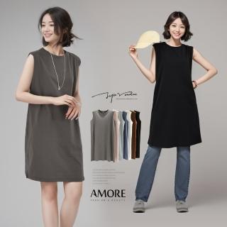 【Amore】 日系棉質圓領無袖長版上衣(清新簡約百搭)