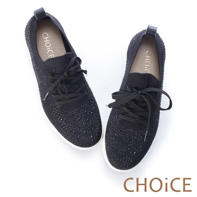 【CHOiCE】華麗運動風 針織布面燙鑽綁帶休閒鞋(黑色)
