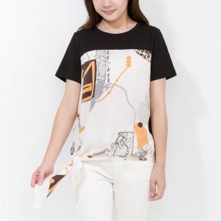 【SingleNoble 獨身貴族】經典重現絲巾花拼接短袖造型上衣(2色)