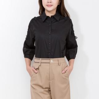 【SingleNoble 獨身貴族】甜美微泡泡袖拼接蕾絲前短後長造型襯衫(1色)