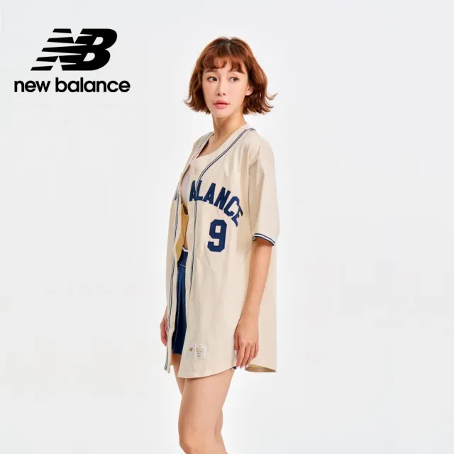 【NEW BALANCE】NB 撞色棒球開襟短袖上衣_杏色_MT41512LIN_女性可穿