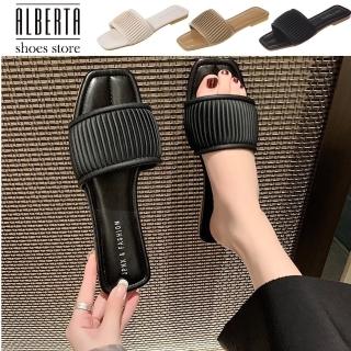【Alberta】跟高2cm 休閒外穿拖鞋涼鞋 高階感法式一字日常仙女風半拖鞋 方頭粗跟低跟涼鞋 3色