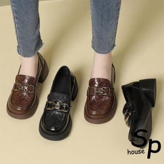 【Sp house】格紋圓頭羊皮套腳粗跟樂福鞋(2色可選)