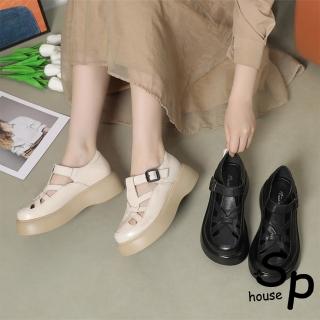 【Sp house】米字鏤空圓頭厚底真牛皮樂福休閒涼鞋(2色可選)