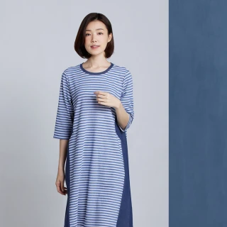 【YVONNE 以旺傢飾】條紋拼接七分袖洋裝(藍)