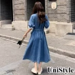 【UniStyle】牛仔短袖洋裝 韓系木耳邊收腰顯瘦連身裙 女 ZM302-Q931(牛仔藍)