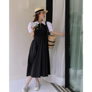 【UniStyle】撞色短袖洋裝 韓系收腰顯瘦連身裙 女 ZM177-2380(黑)