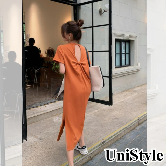 【UniStyle】露背短袖洋裝 韓系純色開叉連身裙 女 ZMC033-Q453(橘)
