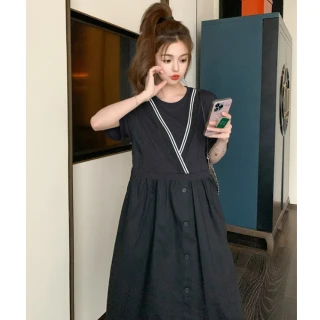 【UniStyle】撞色短袖洋裝 韓系假兩件拼接連身裙 女 ZM177-2363(黑)