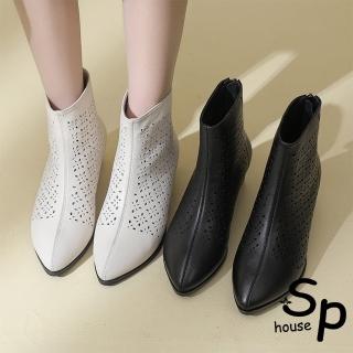 【Sp house】點點鏤空尖頭真牛皮大碼復古透氣馬丁靴鞋(2色可選)